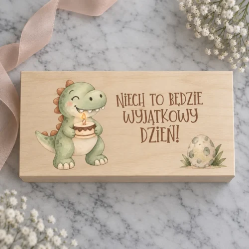 Drewniane pudełko z kolorowym nadrukiem - Dinozaur